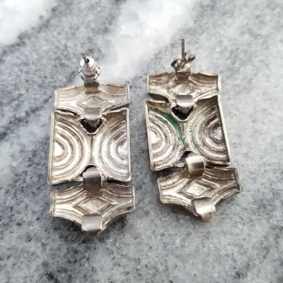 Vintage Funky Geometric Silver Tone Post Earrings, Dangle Drop Setting, Unsigned - Picture 3 of 5